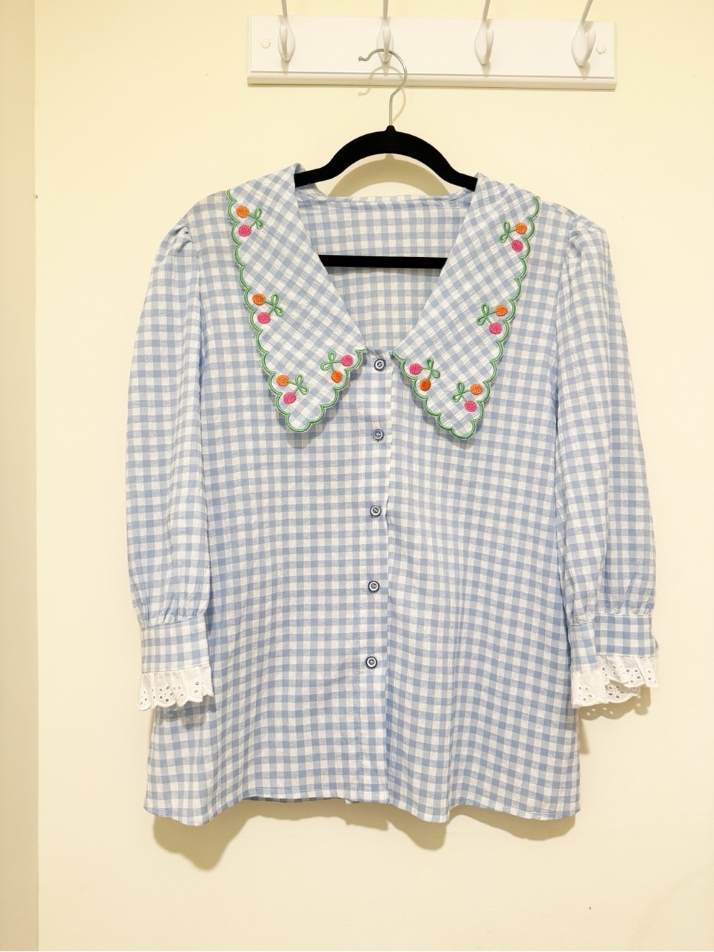 SHEIN Light Blue Gingham Button-Down Top with Embroidered Collar